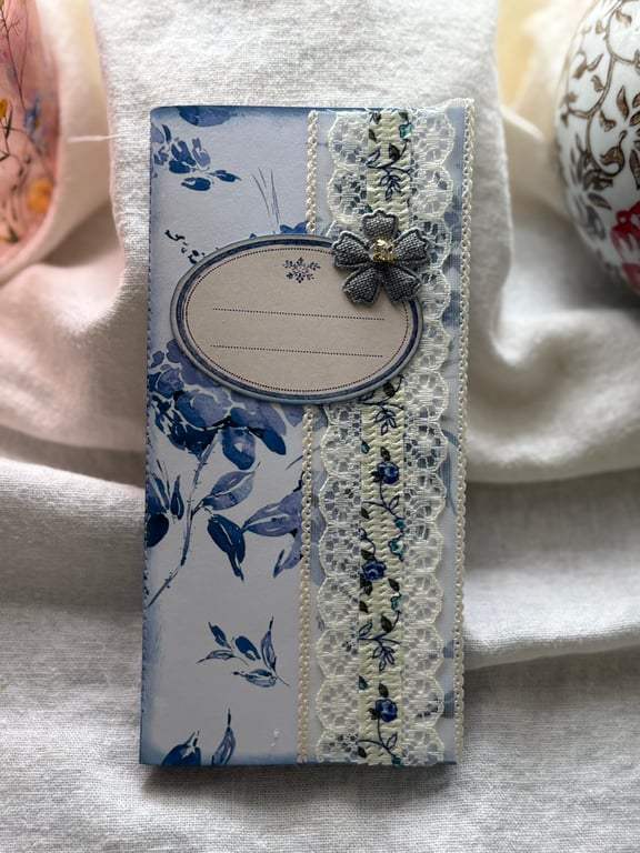 Blue Floral Pocket Journal - Handmade Slimline Notebook with Lace - 44 pages