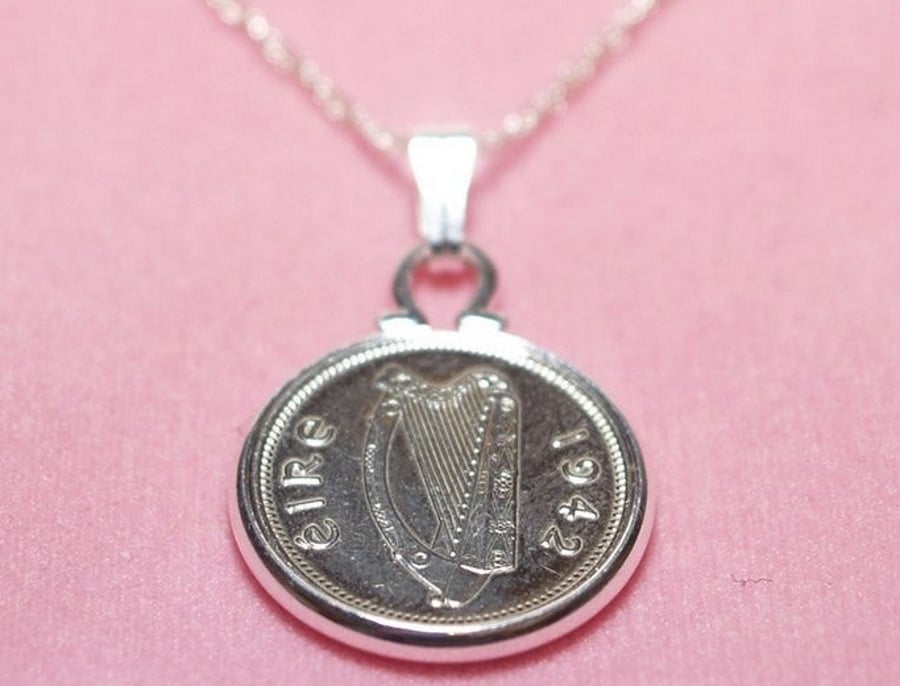 1946 74th Birthday Anniversary Irish Threepence coin pendant plus 18inch SS chai