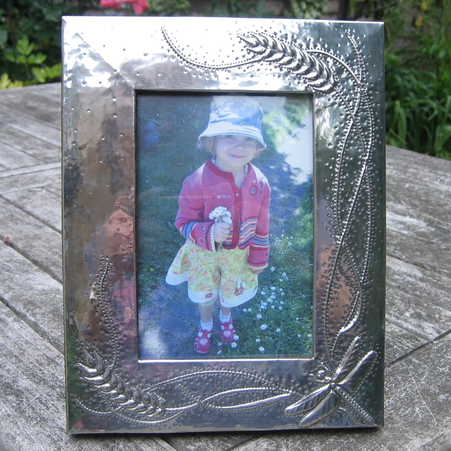 Handmade Silver Pewter Photo Frame, Dragonfly Harvest Design