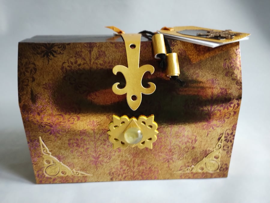 Golden Damask Chest Gift Box with toggles &tags - Anniversary, 50th, Christmas