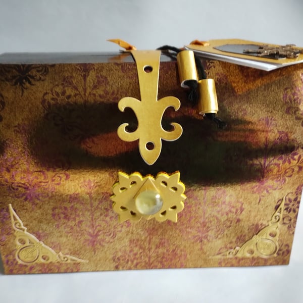 Golden Damask Chest Gift Box with toggles &tags - Anniversary, 50th, Christmas