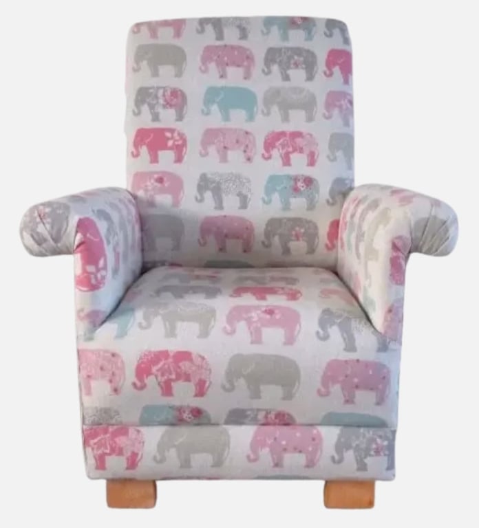 Clarke Pastel Elephants Fabric Adult Chair Armchair Patchwork Pink Bedroom Grey