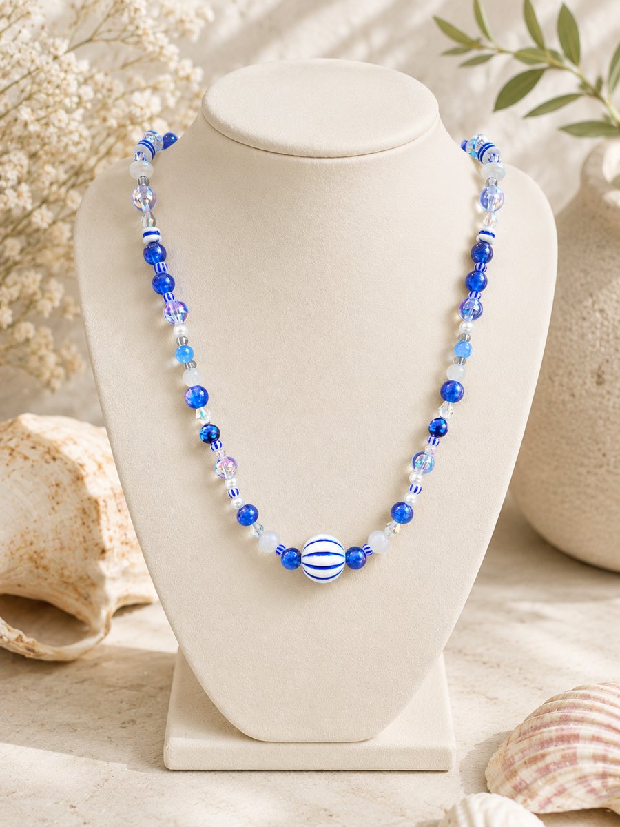 Coastal Blue and White Beaded Necklace - Handmade 