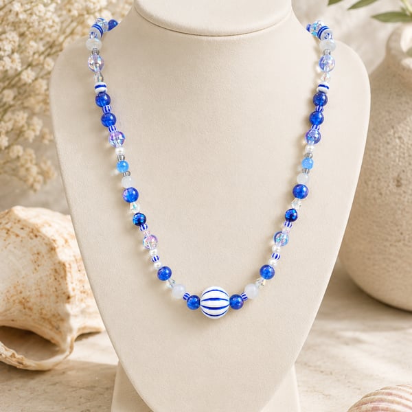 Coastal Blue and White Beaded Necklace - Handmade 