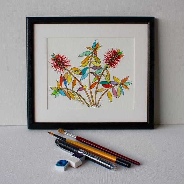 BOTTLEBRUSH PEN AND WATER-COLOUR SKETCH FRAMED IN BLACK