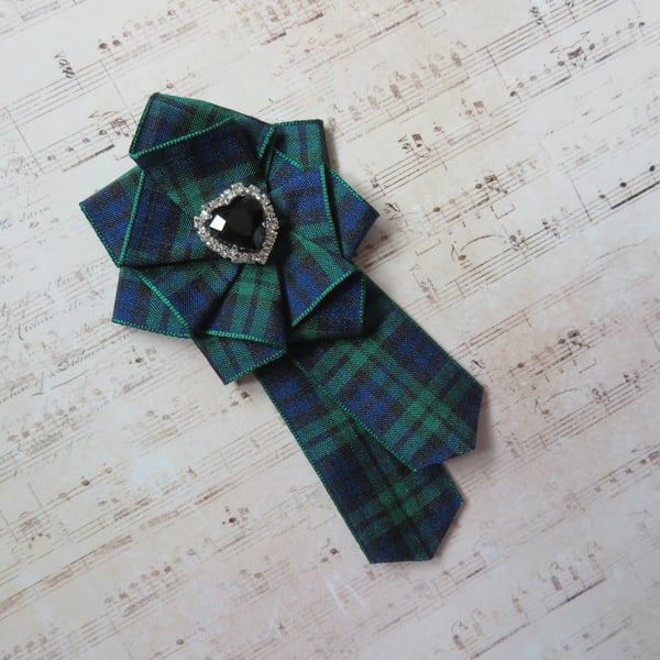 Black Watch Tartan Ruffle Rosette and Black Heart Crystal Rhinestone Brooch Pin 