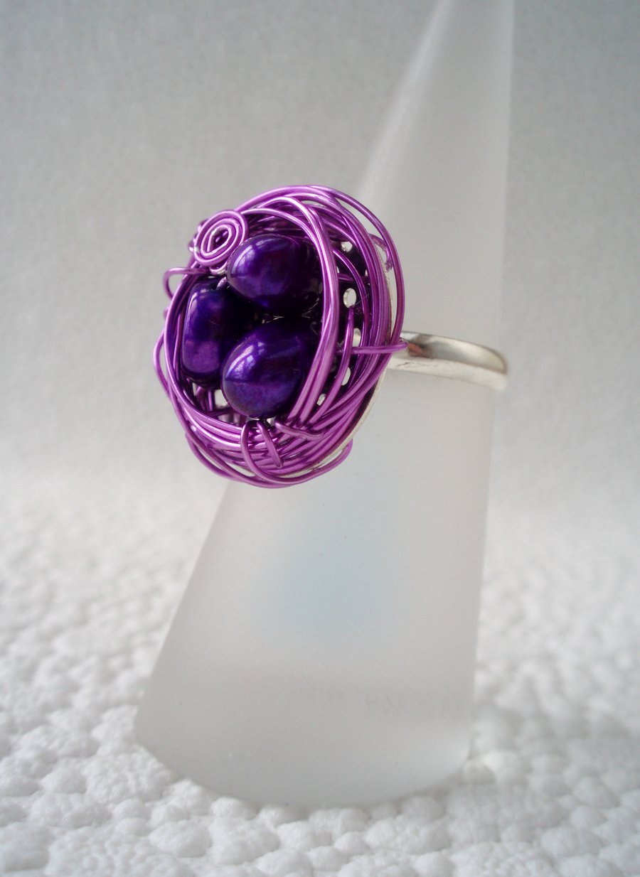 Purple pearl bird's nest wire wrapped ring