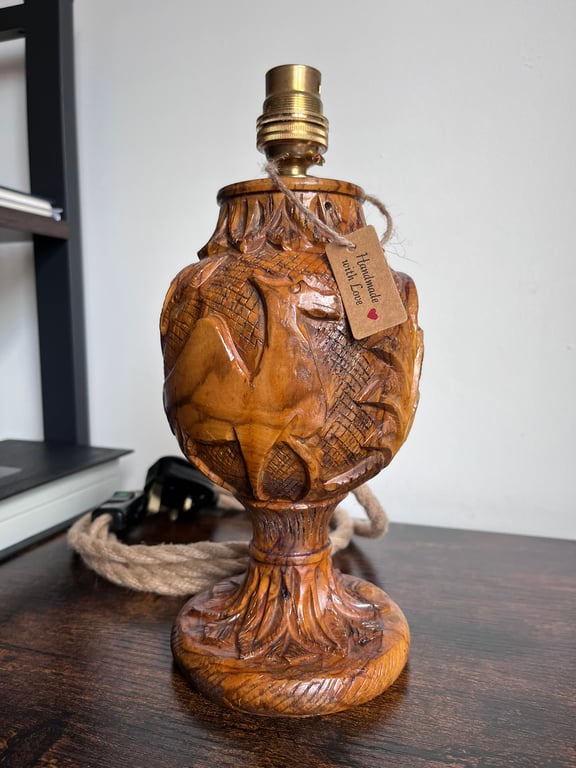 Vintage 1960s Olive Wood Bedside Lamp – Handmade Bethlehem Table Light