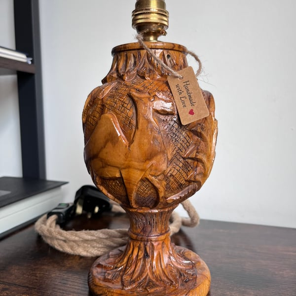 Vintage 1960s Olive Wood Bedside Lamp – Handmade Bethlehem Table Light