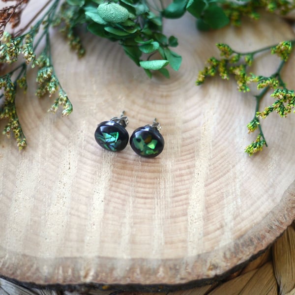 Pearlescent Green and Black Resin and Stainless Steel Earring Studs