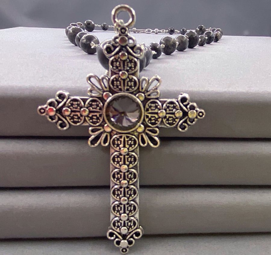 Silver Jasper & Swarovski Black Diamond Gothic Cross Necklace