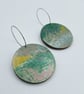 Muted silver, gold and green printed wooden disc earrings - Image 5