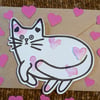 Valentines Cat card hand painted watercolour shaped greeting card love hearts 3