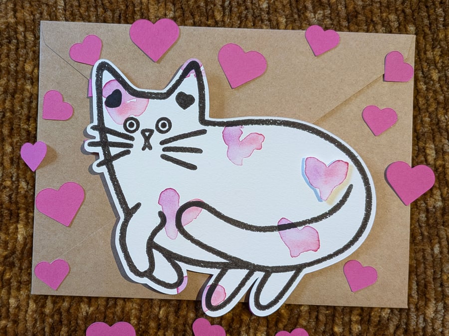 Valentines Cat card hand painted watercolour shaped greeting card love hearts 3