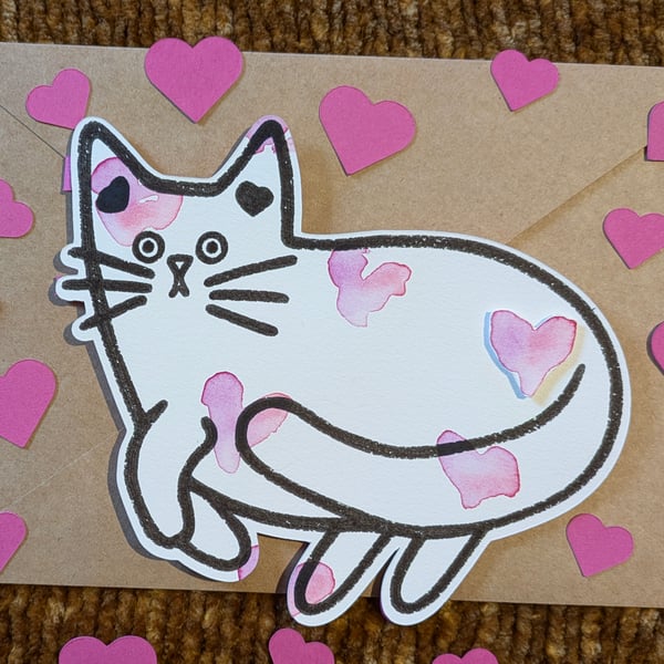 Valentines Cat card hand painted watercolour shaped greeting card love hearts 3