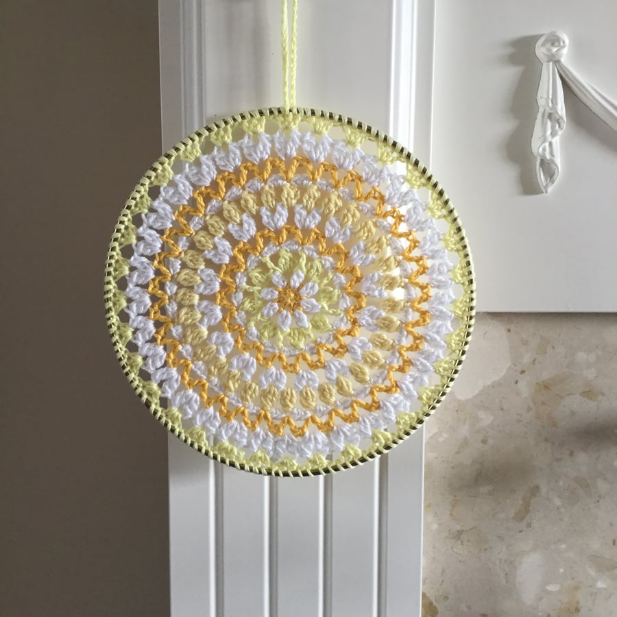 Crochet Mandala Wall Hanging Wall Art in Yellow and White