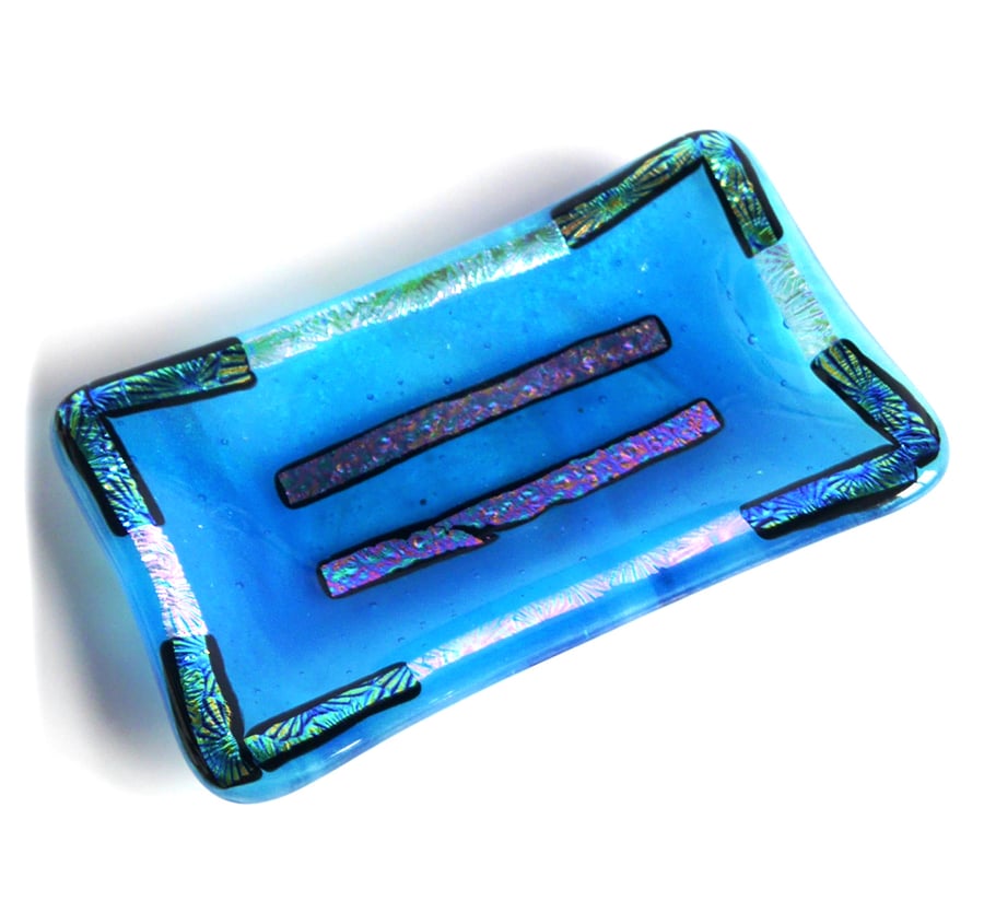 Soap Dish Fused Glass Turquoise dichroic Trinket 016