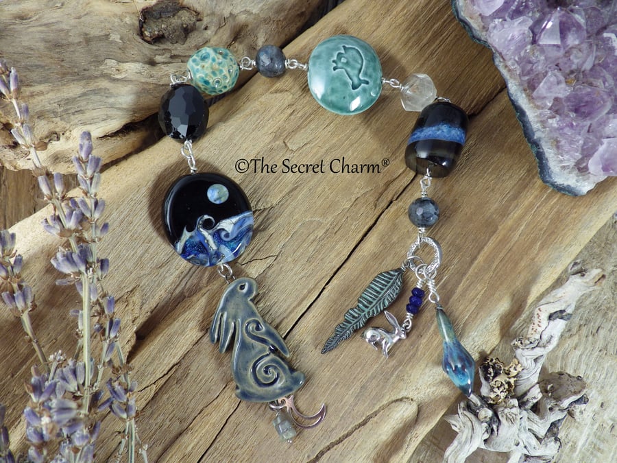 Sterling Silver Prayer Beads, Moon Gazing Hare Meditation Beads, Mala Beads OOAK