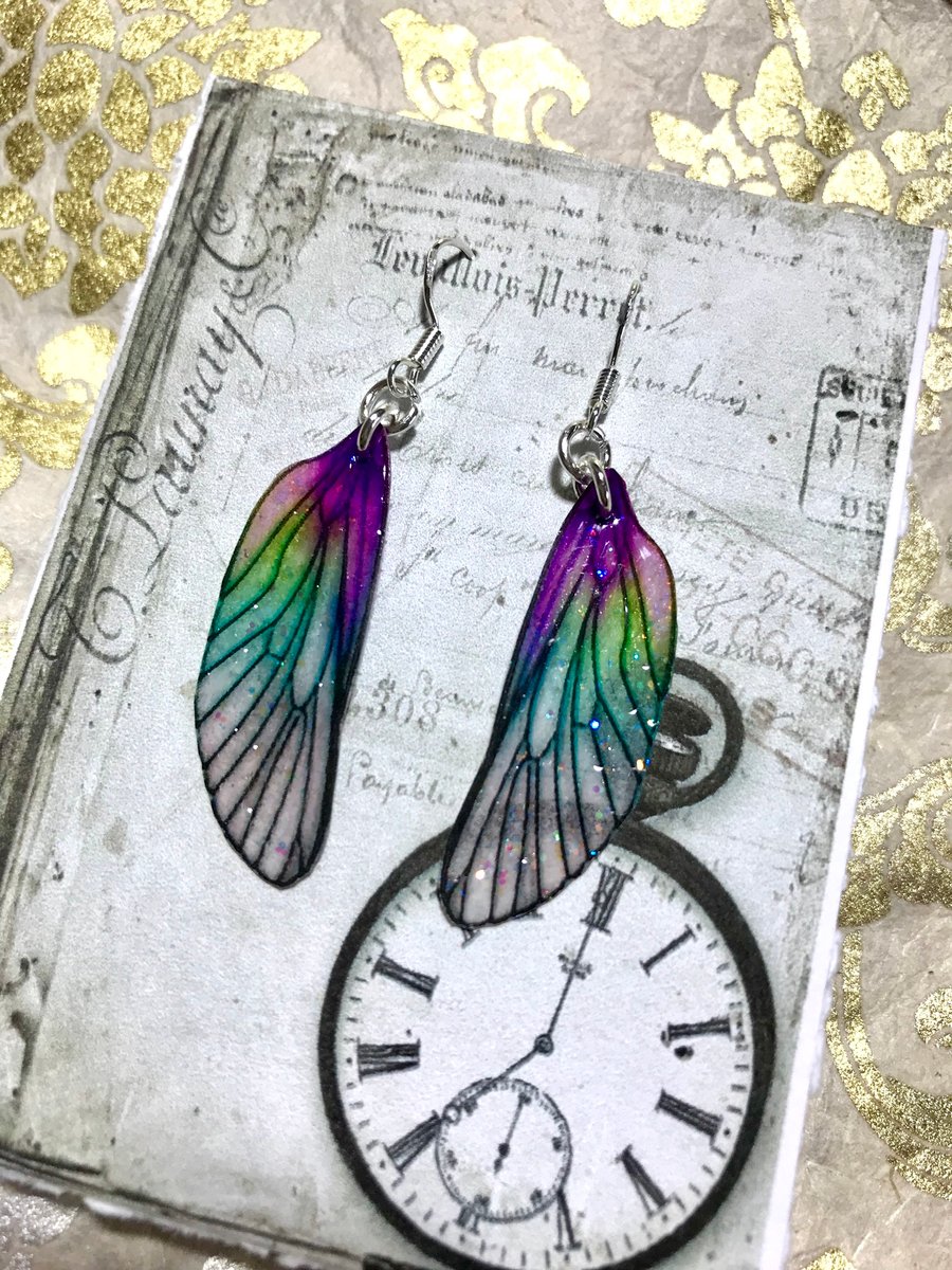 Green and Purple Sterling Silver Fairy Wing Earrings