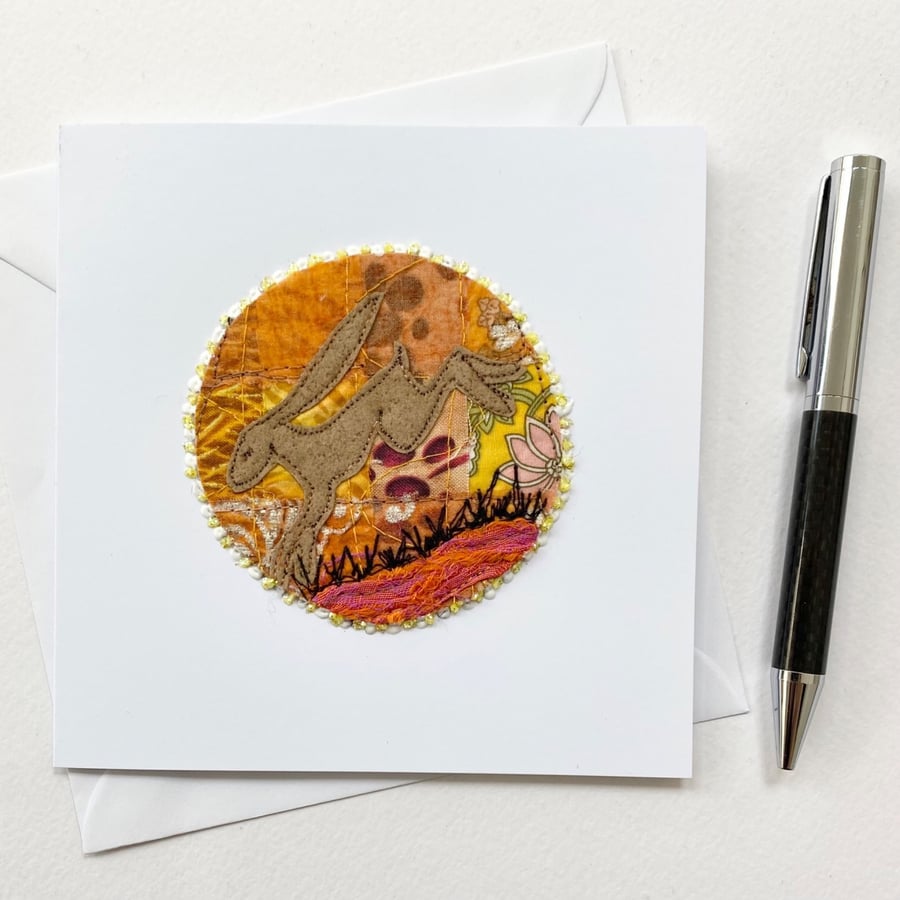 Embroidered up-cycled running hare spring Easter card. 