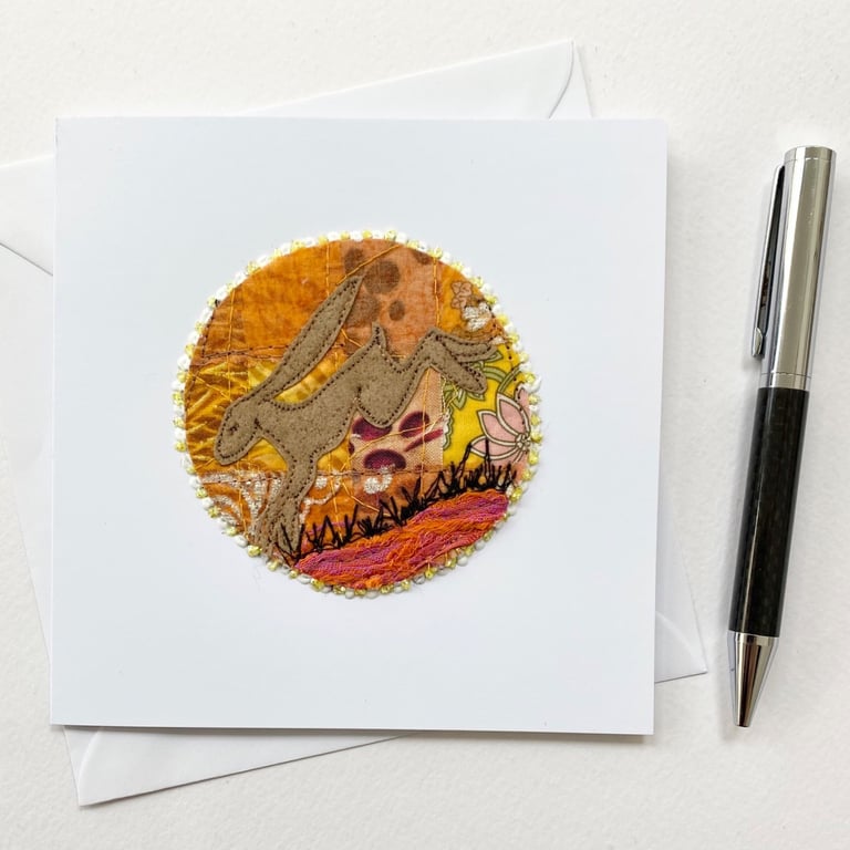 Embroidered up-cycled running hare spring Easter card. 