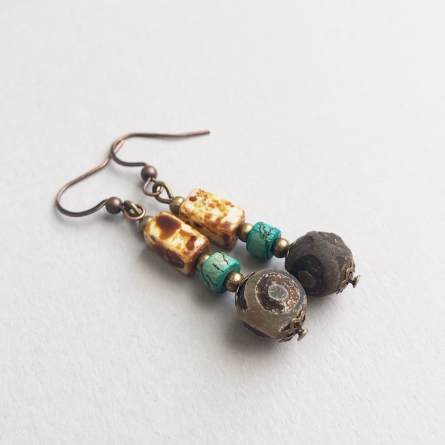 Earthy brown-grey green boho drop dangle Earring
