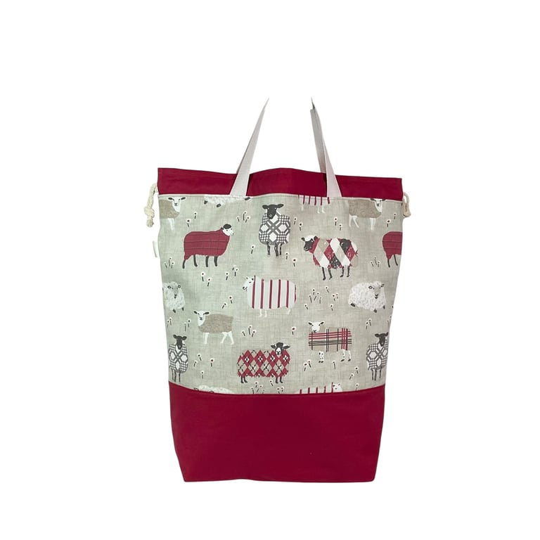 XXL drawstring knitting bag with Red sheep print canvas, supersized tote