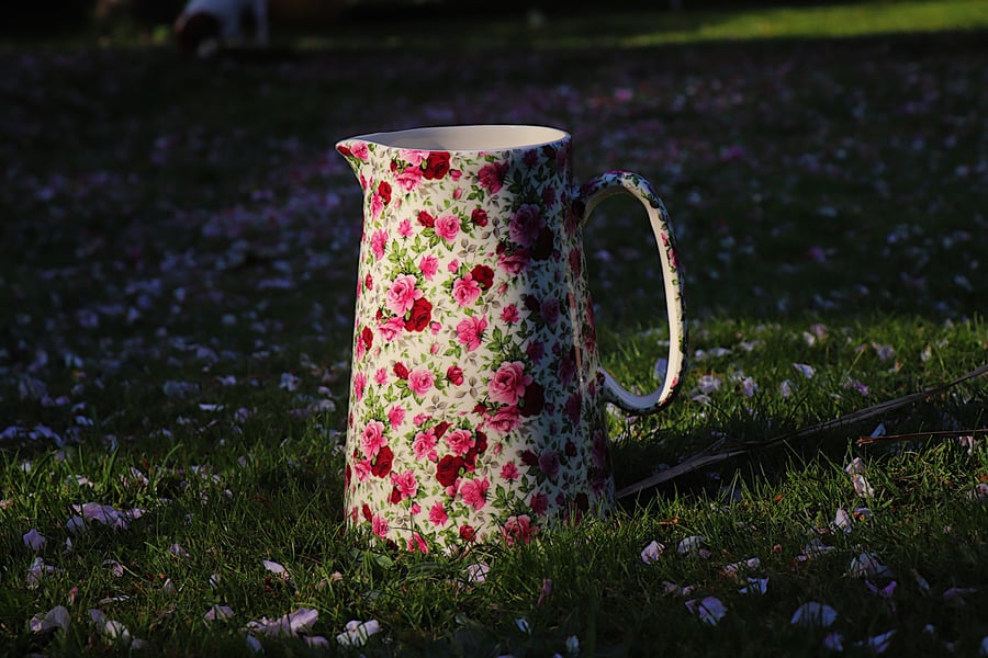 Summer Time Pink Rose Floral Vintage Jug Vase Pitcher Large Sized For 4 Pints