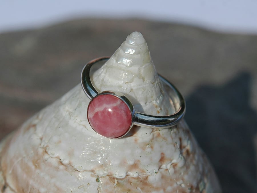Sterling Silver Ring with Pink Rhodochrosite Gemstone,  size N,  R128