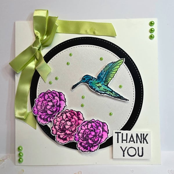 Handmade Hummingbird Thank You Card with Ribbon Bow