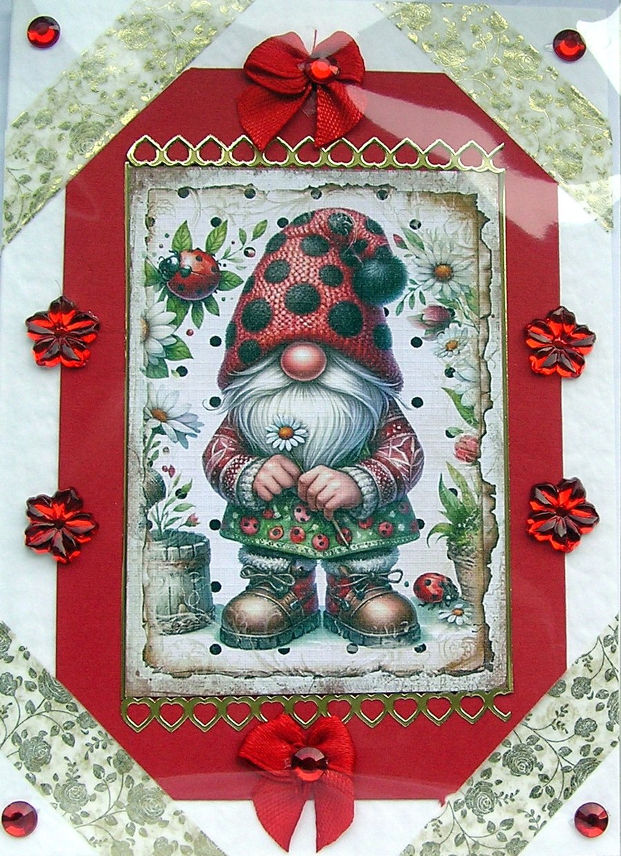 Ladybird Garden Gnome - Hand Crafted 3D Decoupage Greeting Card - Blank - 2700