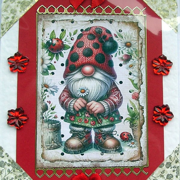 Ladybird Garden Gnome - Hand Crafted 3D Decoupage Greeting Card - Blank - 2700