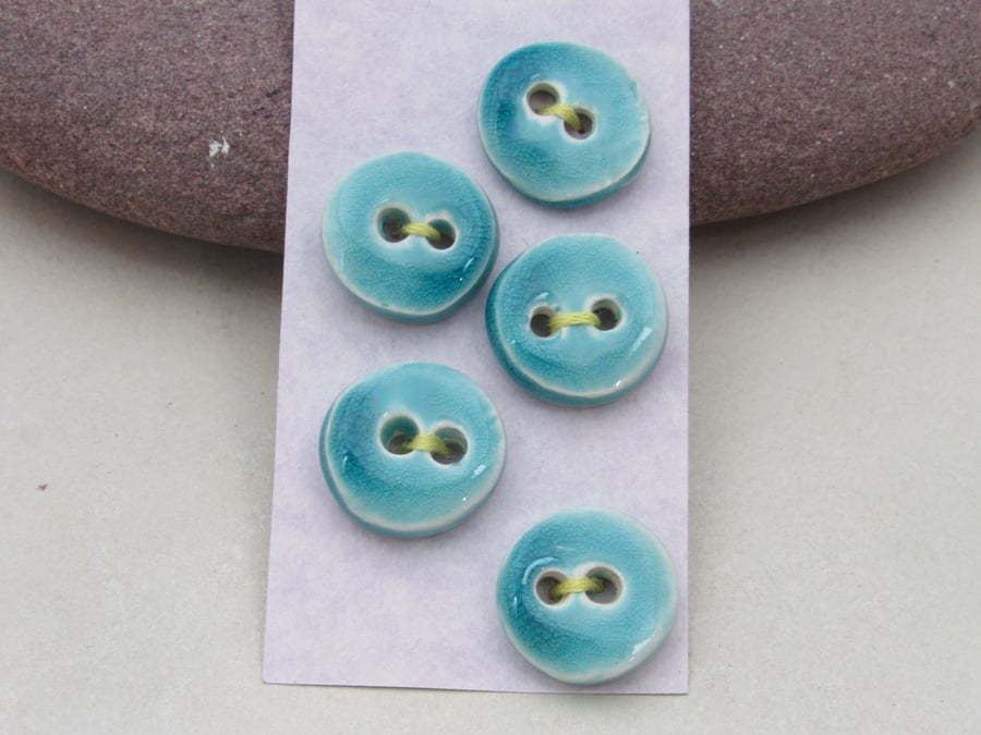 5 Small Round Aqua Blue Handmade Ceramic Buttons