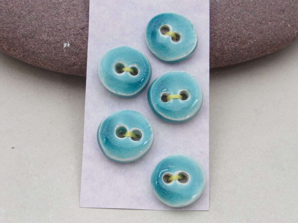 5 Small Round Aqua Blue Handmade Ceramic Buttons