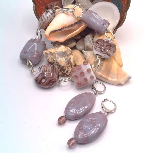 Purple Mix Glass and Ceramic Bead Bracelet and Earrings Set, Purple Jewellery