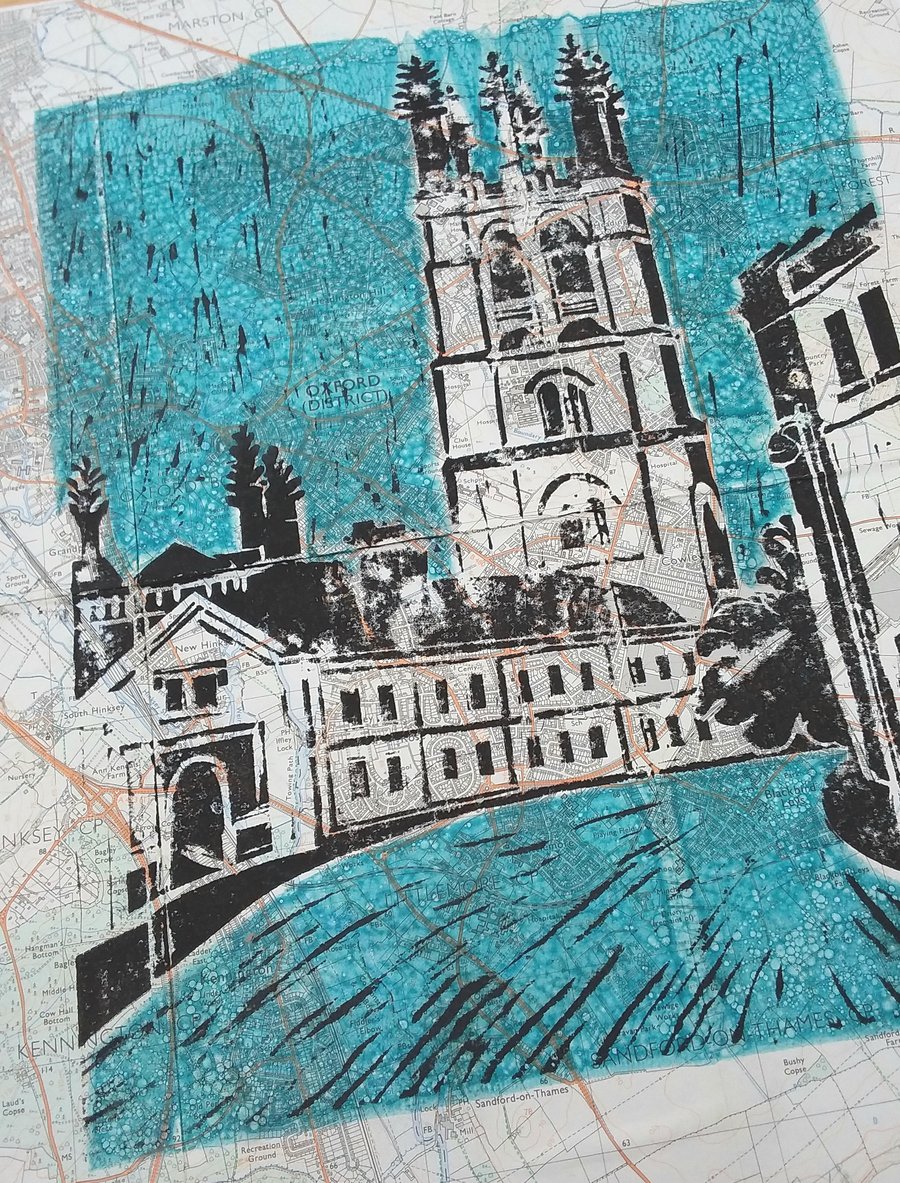 Magdalen tower Oxford (on vintage map)