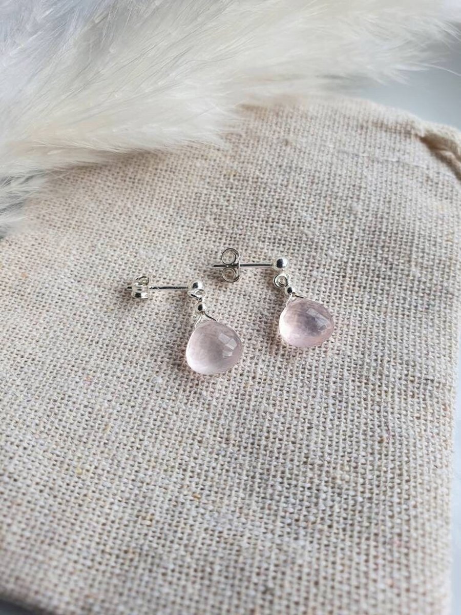 Dainty rose quartz briolette and sterling silver stud drop earrings