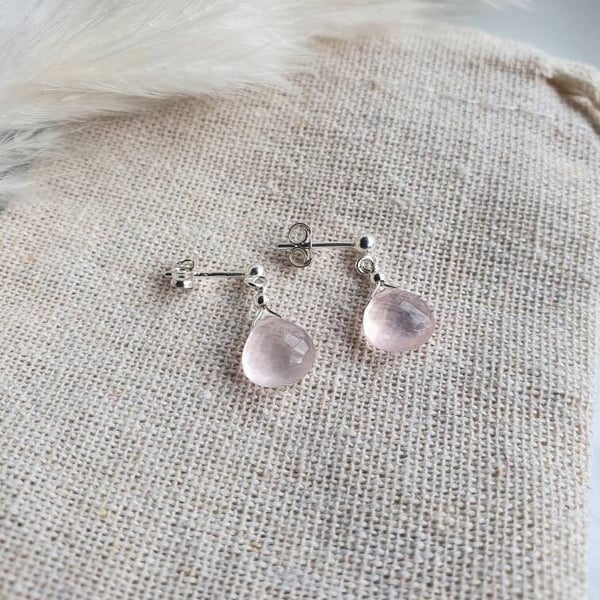 Dainty rose quartz briolette and sterling silver stud drop earrings