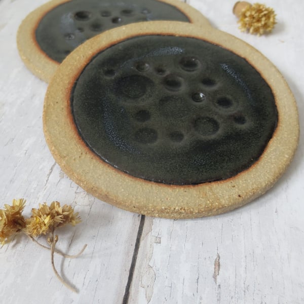 Hand-built stoneware textured pottery coaster set (x2) in lavender black