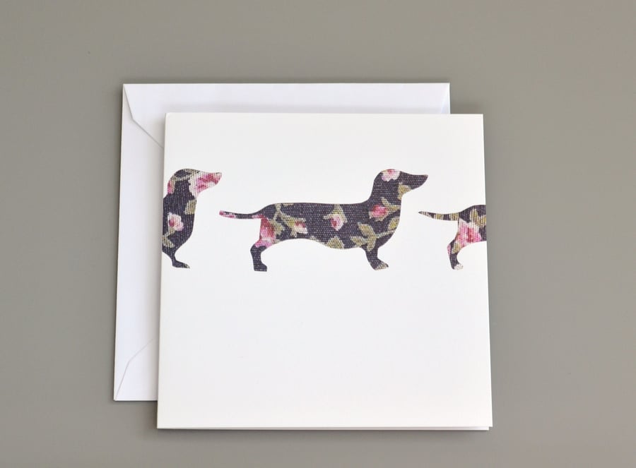 Dark Floral Sausage Dogs Silhouette Blank Card