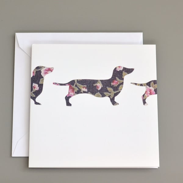 Dark Floral Sausage Dogs Silhouette Blank Card