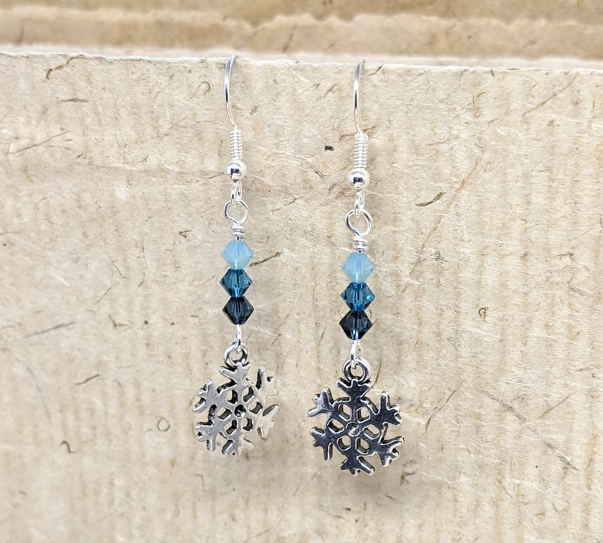 Snowflake earrings with blue Swarovski crystals, silver plated