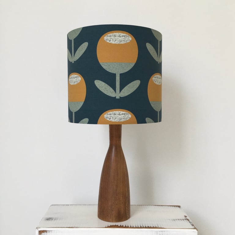 Handmade mustard tulip on teal fabric drum lampshade 
