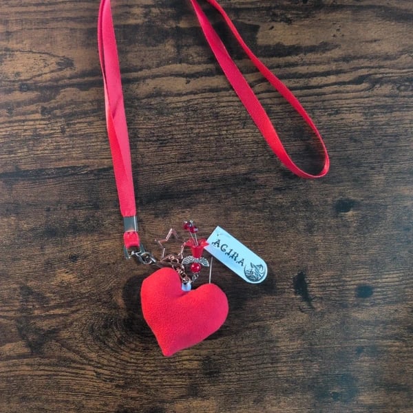 Handmade Plush Heart Lanyard – Pink Satin Leash & Charm Keychain – Unique Access