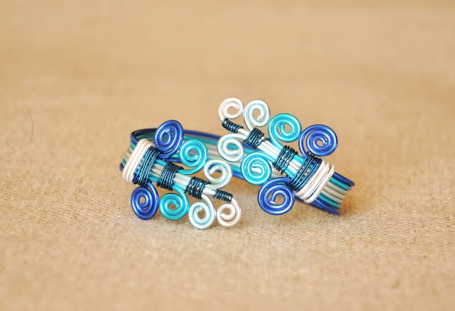 Blue cuff bracelet, Wire wrap bracelet, Something blue, Wedding jewelry