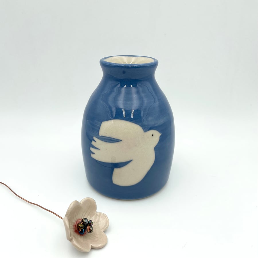 Unique Blue Bud Vase Bird Mothers Day Birthday - Handmade Pottery Gift