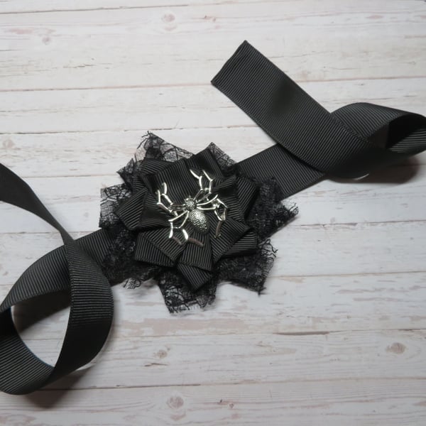 Black Lace & Ribbon Ruffle Spider Gothic Victorian Wrist Corsage 