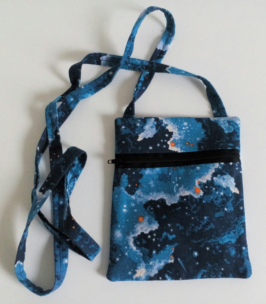 Crossbody bag, Blue, stars, Universe, lined, dog walking, festivals, fabric bag