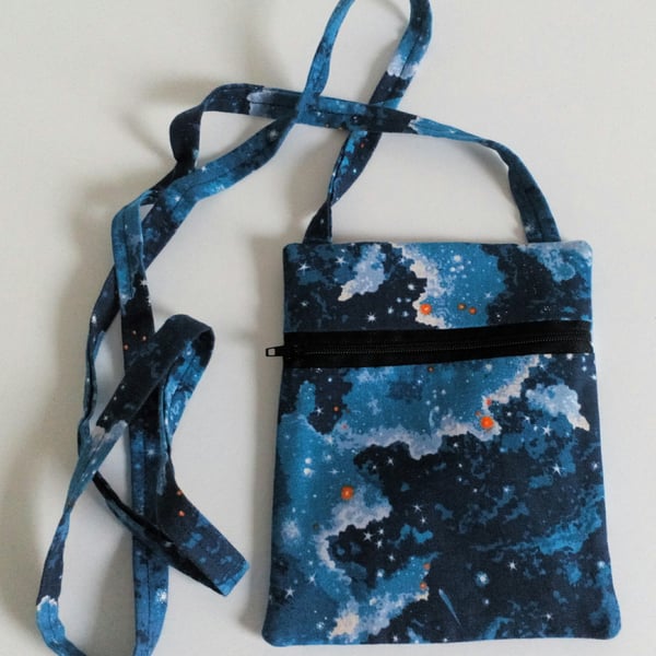 Crossbody bag, Blue, stars, Universe, lined, dog walking, festivals, fabric bag