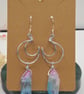 Silver crescent moon wire dangle earrings, with blue pink raw quartz points - Image 2